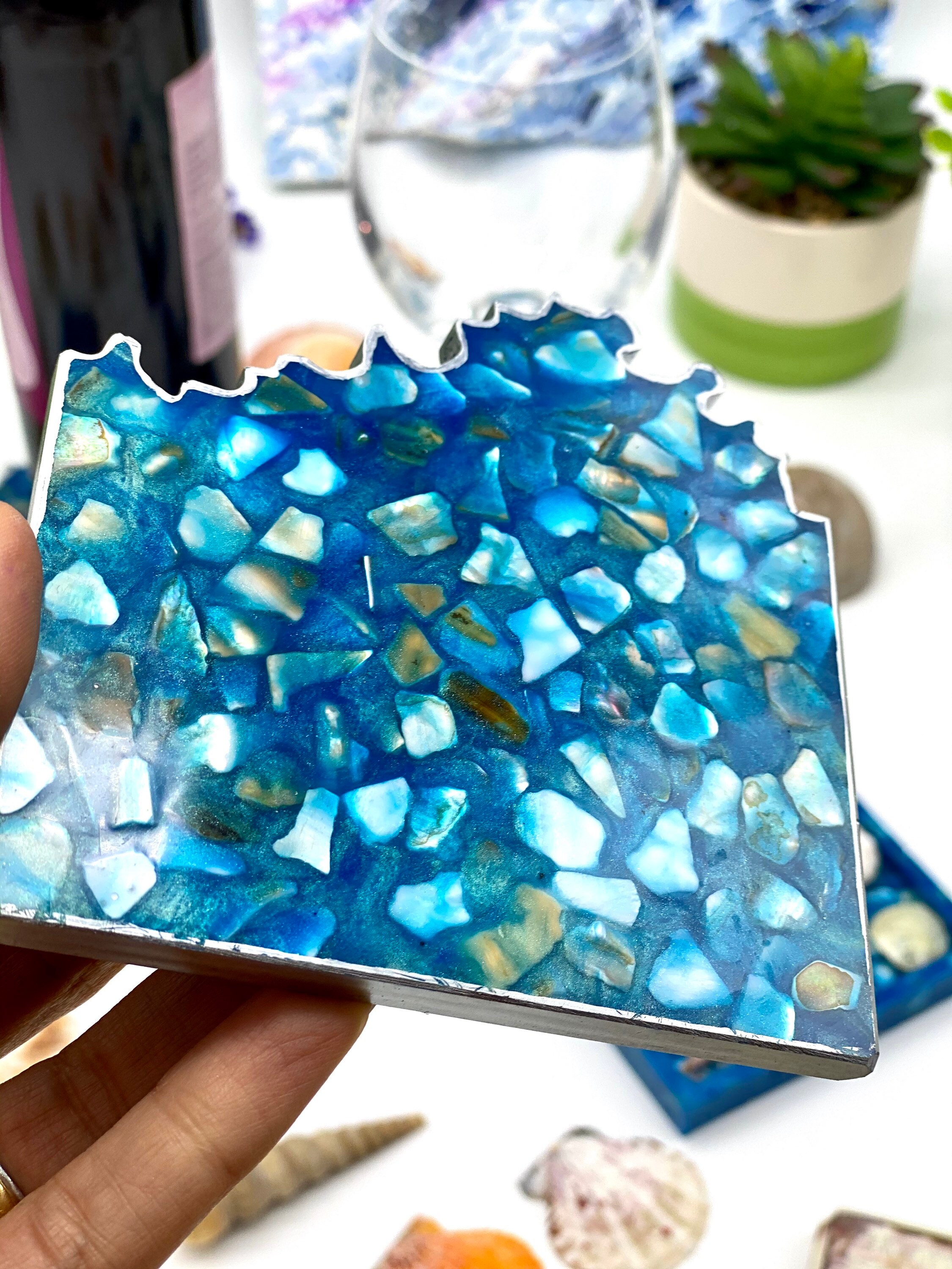 Resin Geode Coaster Ocean Shells Coasters Blue Coasters Resin Etsy