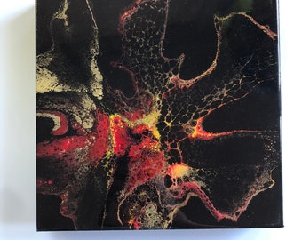 Black and red Art Home Decor, Abstract Painting,resin epoxy on 10x10" canvas painting. Unique home decoration, wall art, housewarming gift