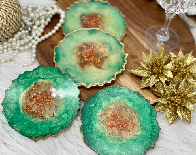 Resin Geode Coaster Set, Crystal Geode Resin Coasters, Green Agate