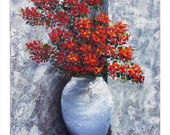 Red Flowers in vase painting Original Oil Pallet knife art Fine Art Modern Wall Decor oil on canvas floral impasto