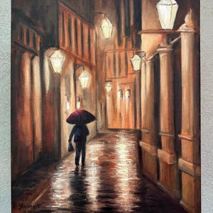 Rain cityscape umbrella original oil painting canvas European city artwork rainy day rainy night moody art Urban Landscape City Lights rainy