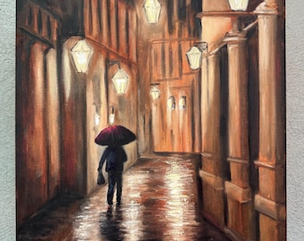 Rain cityscape umbrella original oil painting canvas European city artwork rainy day rainy night moody art Urban Landscape City Lights rainy