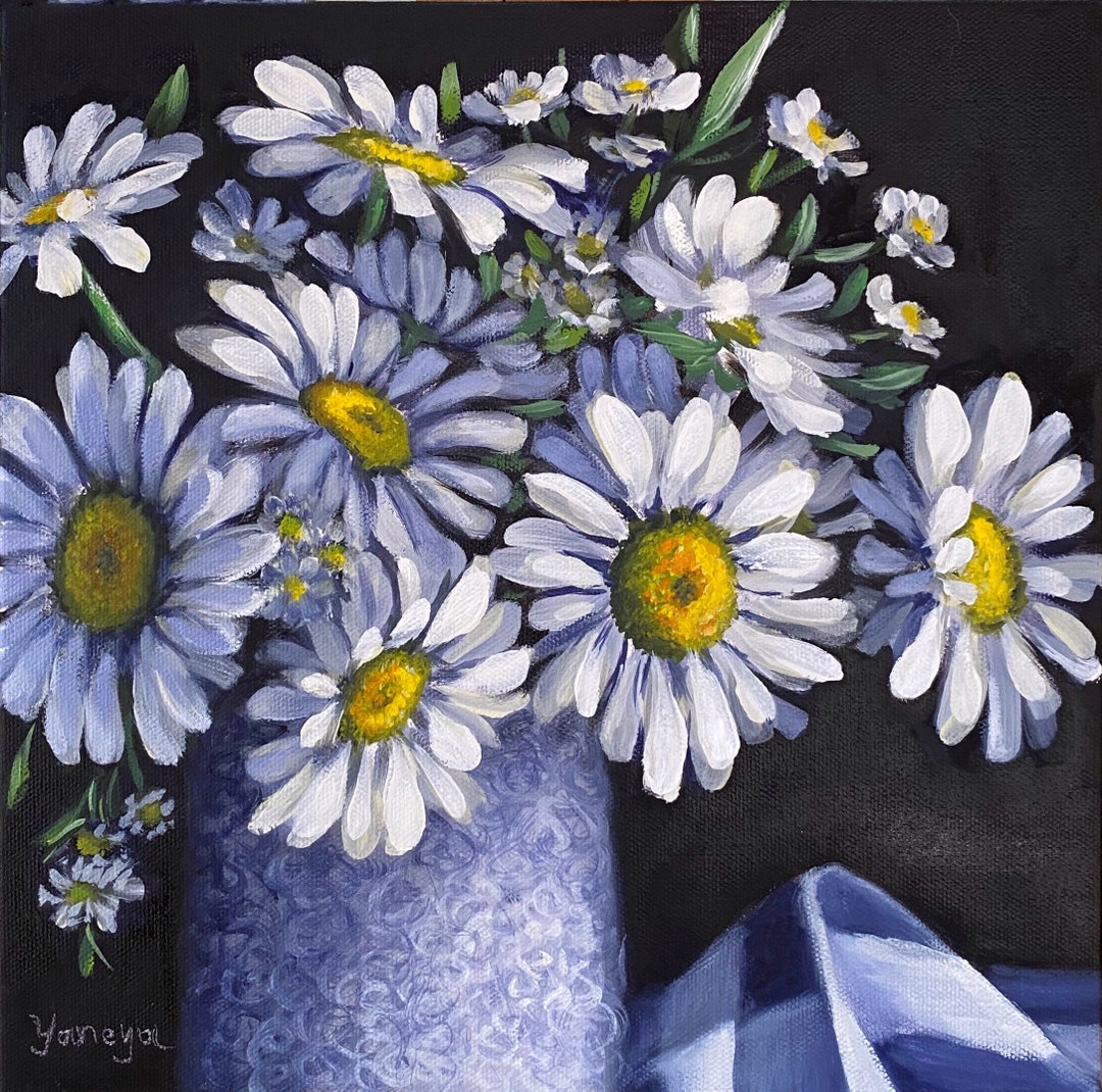 White Daisy Flowers Original Oil Painting Floral Chamomile Flowers Hand ...
