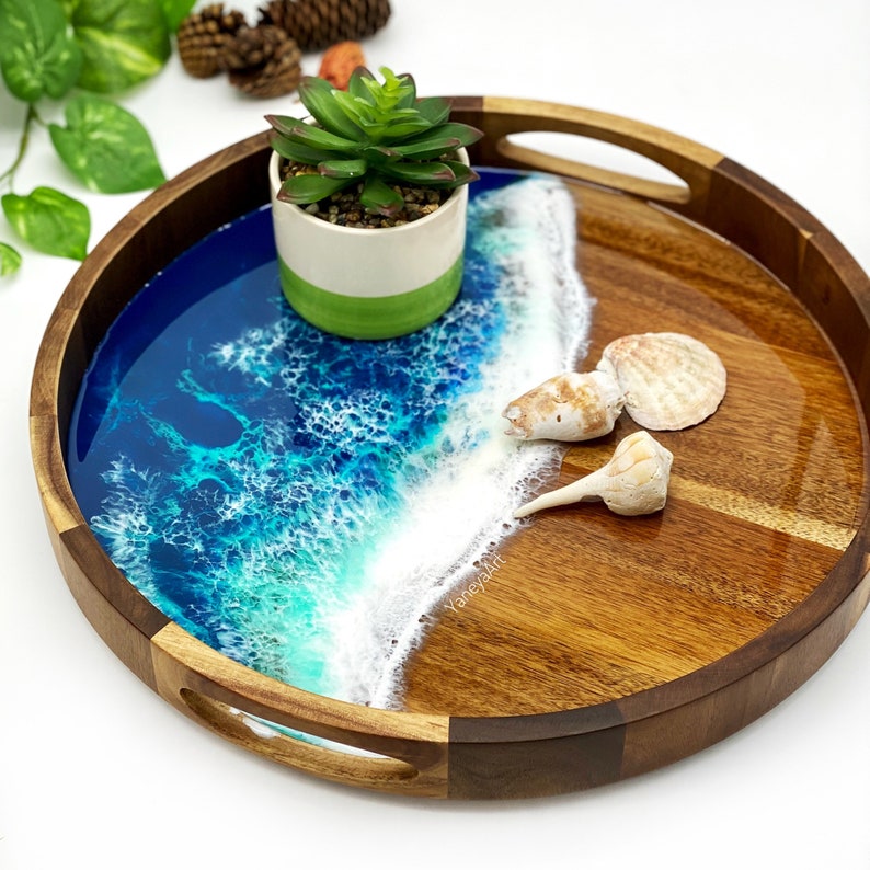 Round Ottoman Pouf Tray Ottoman Coffee Table Tray Ocean Round Serving Tray beach tray Decorative tray Home decor Wave resin art tray mothers 
