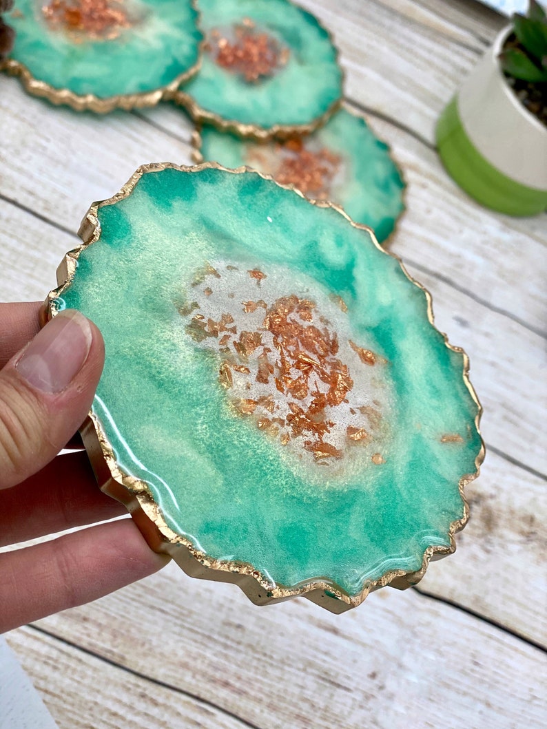 Resin Geode Coaster Set Crystal Geode Resin Coasters Green Etsy