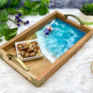 Ocean Resin Tray decorative tray, Tray for ottoman, Wooden Ottoman tray, serving tray, lake house decor, kitchen tray with handles, art tray
