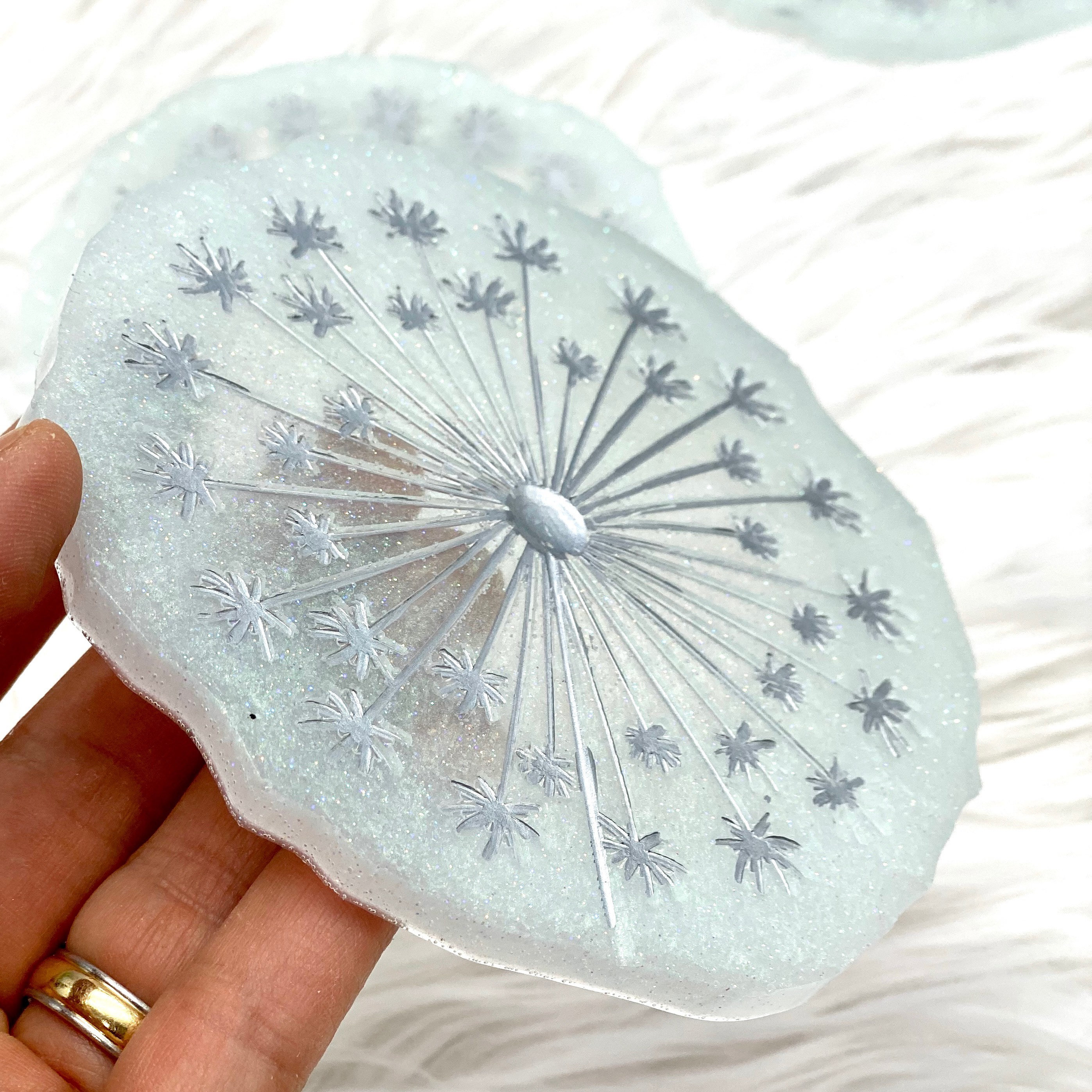 Dandelion Resin drink Coasters silver pearl and white Glitter Etsy