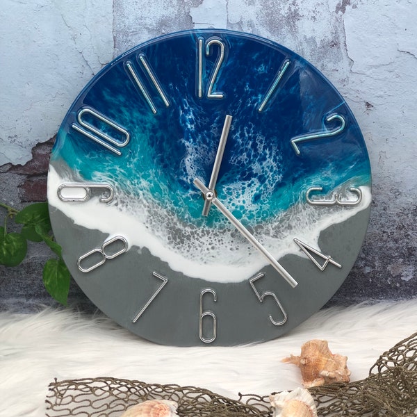 Beach Decor Large Ocean Clock Ocean water white Abstract fluid Contemporary resin clock Wall Clock Resin Art Wall Decor beach art Waves