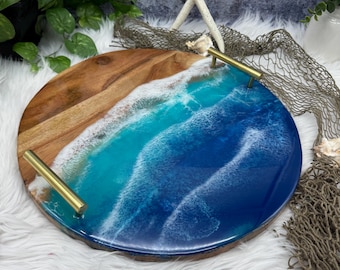 Ocean Resin Tray decorative tray, Tray for ottoman, Wooden Ottoman tray, serving tray, lake house decor, kitchen tray with handles, art tray