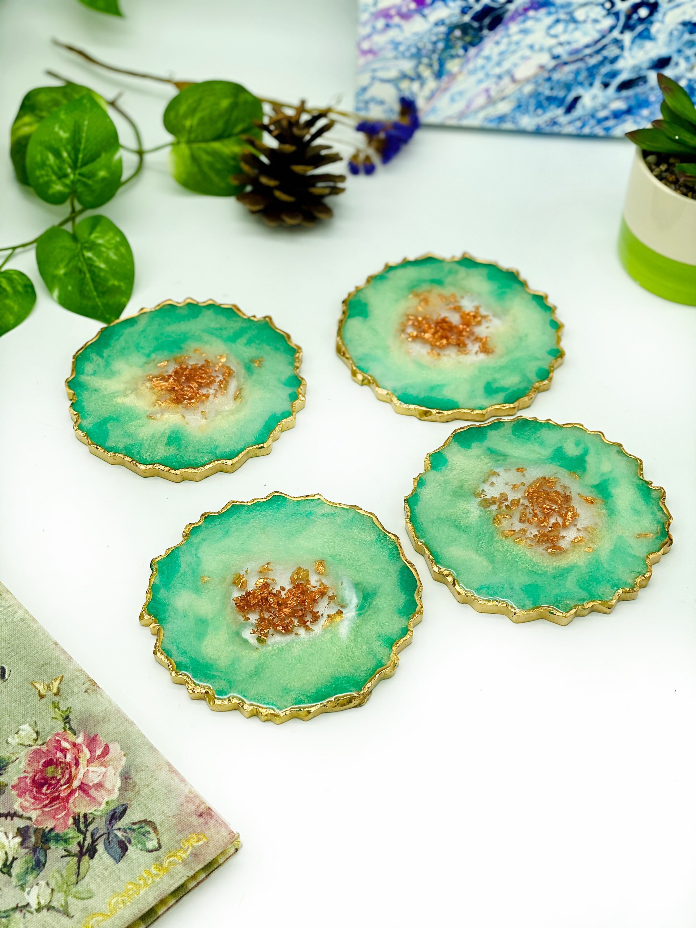 Resin Geode Coaster set Crystal Geode Resin Coasters Green Etsy