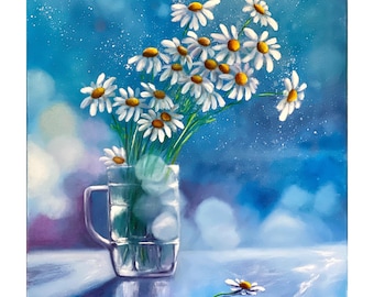 White flowers Daisies in a cup Flowers painting floral painting Original Oil Painting Fine Art Modern Wall Decor on canvas