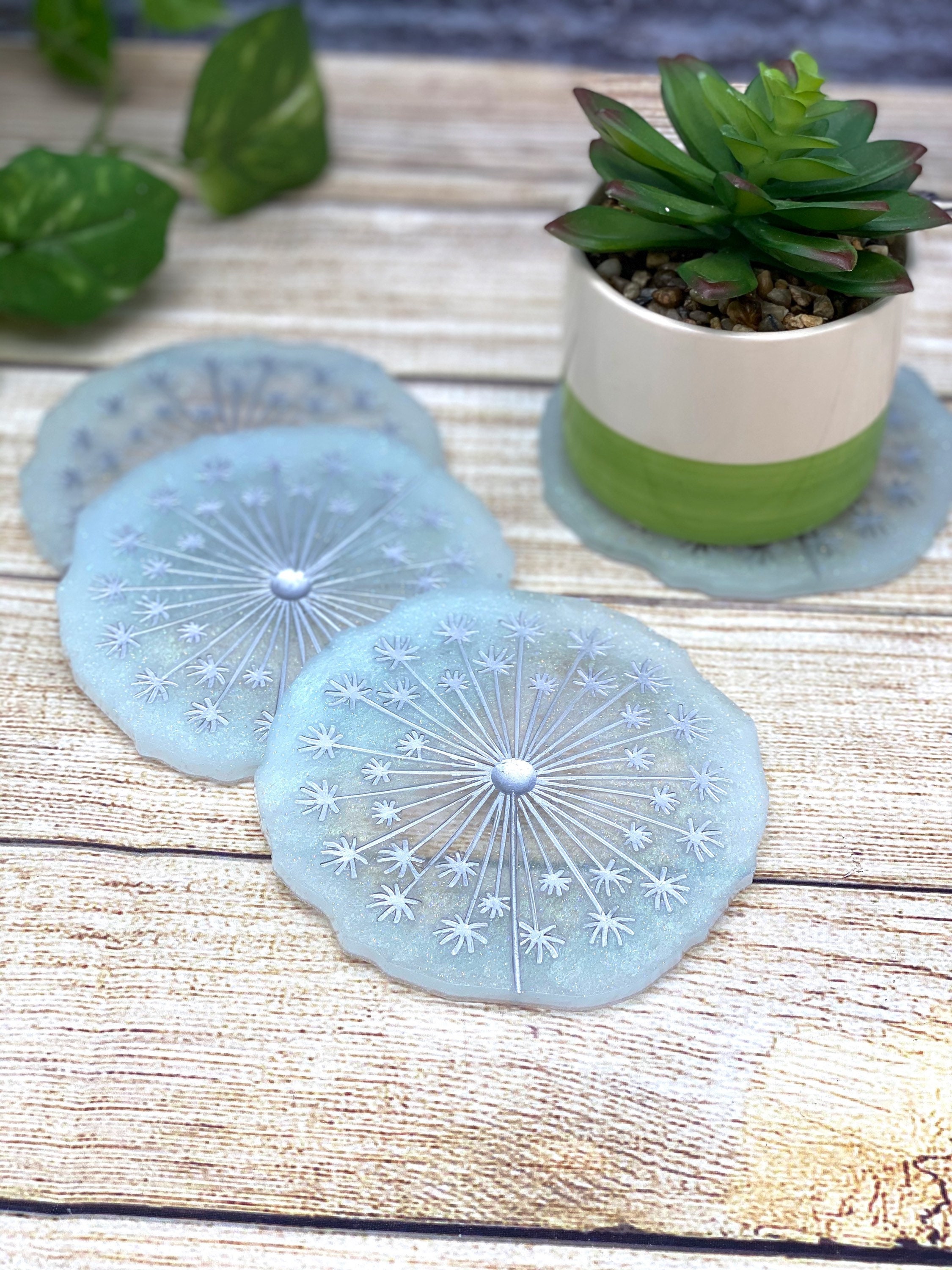 Dandelion Resin drink Coasters silver pearl and white Glitter Etsy