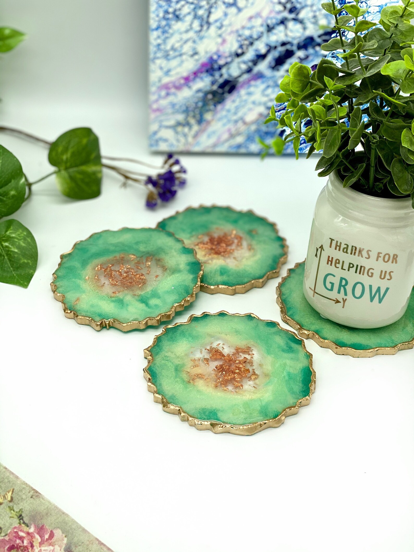 Resin Geode Coaster Set Crystal Geode Resin Coasters Green Etsy
