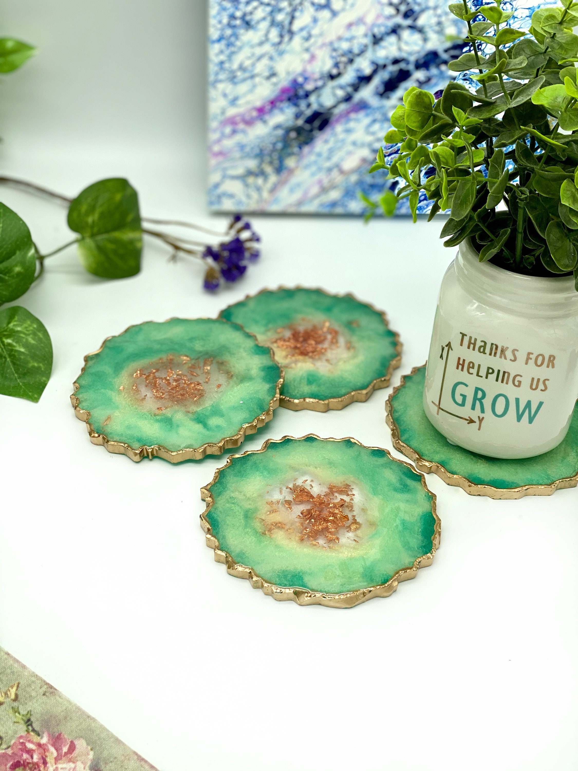 Resin Geode Coaster set Crystal Geode Resin Coasters Green Etsy