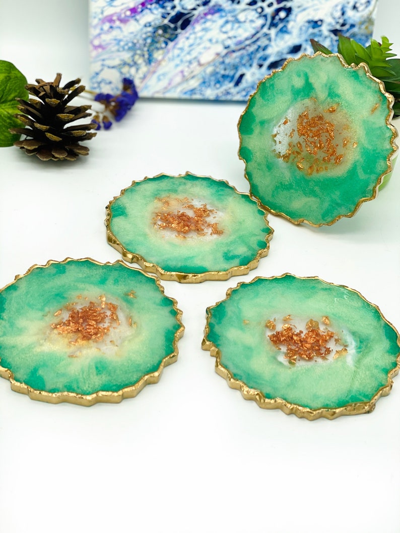 Resin Geode Coaster Set Crystal Geode Resin Coasters Green Etsy