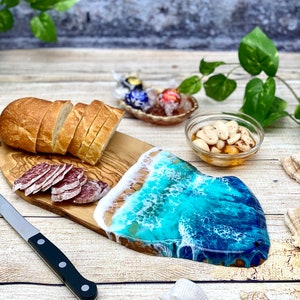 Resin Ocean cutting board olive wood charcuterie cheese serving Olive Wood Serving Board Ocean Resin Live Edge Resin Cheese Board Blue wave