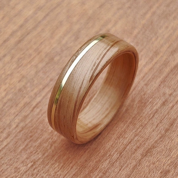 Bague de fiançailles en bois courbée en chêne, incrustation d'or, bague de mariage en laiton, fait main sur mesure pour homme, cadeau unique pour femme