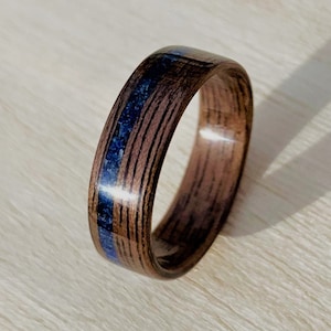Handmade Walnut Bentwood Ring with Lapis Lazuli Inlay - Wooden Wedding Band, Blue Gem Promise Ring, Custom Sizes