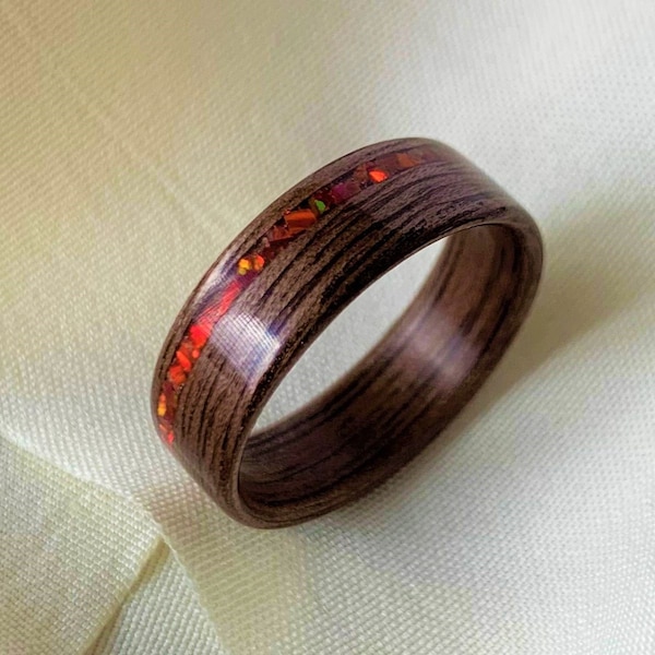 Fire Opal Ring Walnut Bentwood Ring Wooden Opal Inlay Wedding Band Handmade Ring Custom Exotic Ring Stone Handmade Exotic Anniversary Band