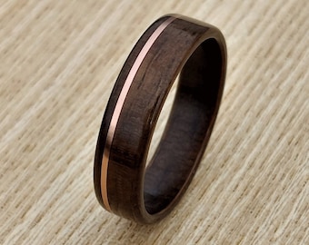 Smoked Eucalyptus Bentwood Ring Copper Rose Gold Inlay Mens Womans Wooden Ring Custom Handmade Handcrafted Wedding Bands
