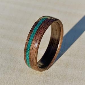 Walnut Turquoise Wood Ring Men’s Women’s Bentwood Wedding Band Rustic Wood Engagement Ring Handmade Wooden Anniversary Gift Unique Jewelry