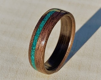 Walnut Turquoise Wood Ring Men’s Women’s Bentwood Wedding Band Rustic Wood Engagement Ring Handmade Wooden Anniversary Gift Unique Jewelry