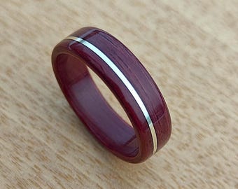 Purpleheart Bentwood Ring - Serling Silver Inlay - Handmade Wooden Wedding Band - Custom Size