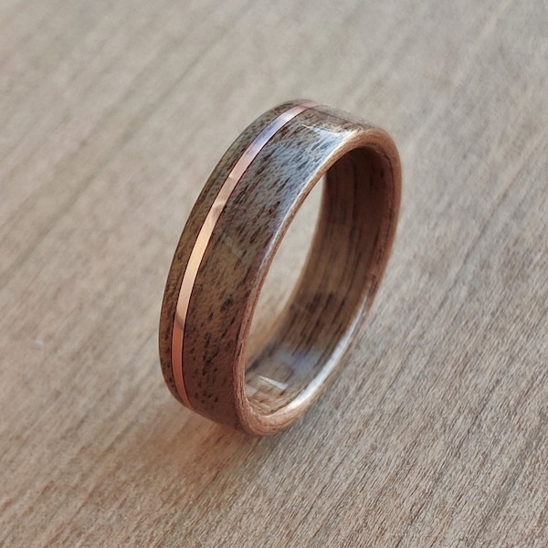 Walnut Rose Gold Copper Inlay Bentwood Ring Men Woman Unique Custom Handcrafted Statement Anniversary Engagement Minimalist Gift