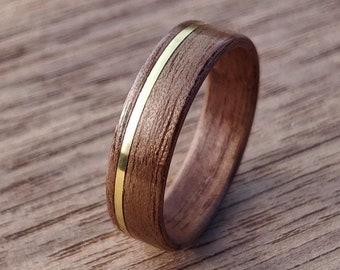 Bentwood Walnut Ring Gold Inlay Handmade Engagement Band Wedding Ring Wooden Brass Custom Ring Gift