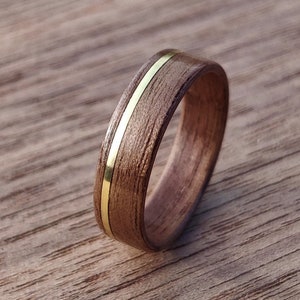 Bentwood Walnut Ring Gold Inlay Handmade Engagement Band Wedding Ring Wooden Brass Custom Ring Gift