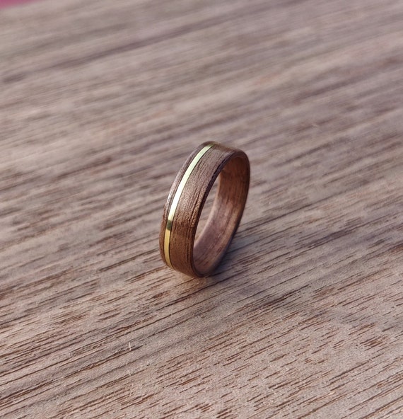 Bentwood Walnut Ring Gold Inlay Handmade Engagement Band Wedding Ring Wooden Brass Custom Ring Gift