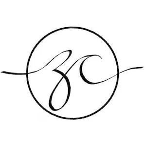 May include: A black and white calligraphy monogram of the letters "BC" in a circle.