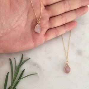 Tiny teardrop Rose quartz necklace | natural stone pendant necklace | pink stone necklace | Rose quartz jewelry | teardrop necklace |