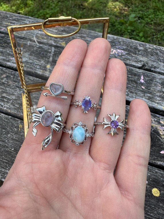 Aquamarine Silver Adjustable Ring | Larimar Crystal Silver Ring | Amethyst Ring｜Tanzanite Vintage Jewelry | Gem Boho Ring