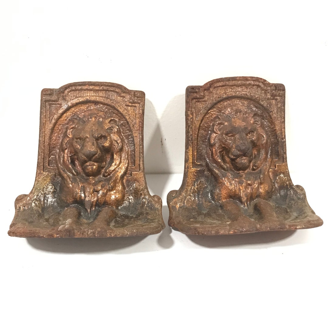 Antique Cast Iron Bookends Art Deco Bookends Lion Figure Etsy