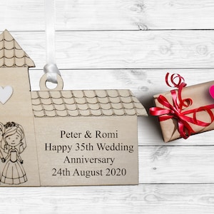 35TH CORAL Wedding Anniversary Gift Personalised and Engraved White Heart Wooden Church with Bride & Groom