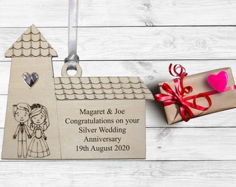 SILVER 25th  Wedding Anniversary Gift Personalised and Engraved Silver Heart Wooden Church with Bride & Groom