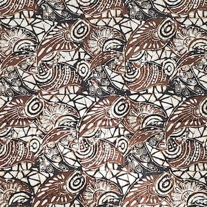 May include: Brown and white batik fabric with a repeating pattern of stylized flowers and swirls.