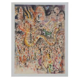 Könnte beinhalten: Ein Aquarellbild, das eine Prozession von Menschen vor einem Tempel darstellt. Ein großer, goldener Drache mit roten Akzenten ist der Mittelpunkt der Szene, auf dessen Rücken ein grüner Stier reitet. Das Bild ist voller lebendiger Farben und filigraner Details.