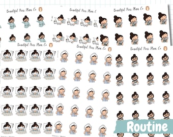 May include: A sticker sheet featuring multiple rows of cartoon illustrations of a character with a dark hair bun. The stickers depict various daily activities including sleeping with an eye mask, applying skincare, drinking coffee, and wearing glasses.