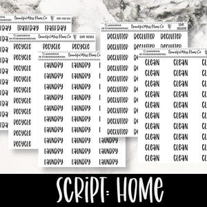 May include: A set of 10 white sticker sheets with black script text. The sheets include the words "Trash Day", "Recycle", "Laundry", "Declutter", and "Clean".