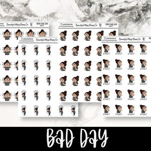 May include: A set of 36 planner stickers featuring a cartoon character with glasses and a variety of expressions, including crying, frowning, and sighing. The stickers are white with black outlines and are labeled "Bad Day".