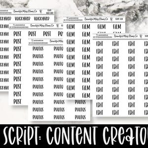May include: A set of black and white planner stickers with words like "voice over", "post", "photos", "film", and "edit". The stickers are on a white background and have a script font. The text "Script: Content Creator" is at the bottom of the image.