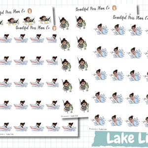 May include: A collection of sticker sheets featuring cartoon illustrations of people enjoying lake activities. The designs include individuals in inner tubes, riding in motorboats, fishing with large green fish, and surfing on blue water waves.