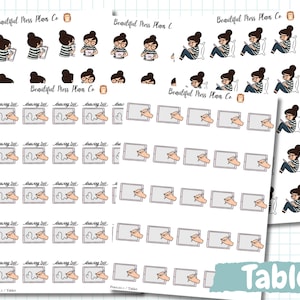 May include: A sticker sheet featuring cartoon illustrations of a person with a dark bun hairstyle wearing a striped shirt. The stickers depict the character using a tablet, drawing on a screen with the text drawing time, and sitting on a pillow.