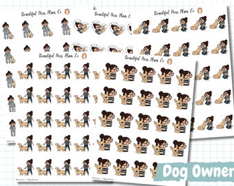 May include: A sticker sheet featuring multiple illustrations of a person with dark hair in a bun and glasses interacting with a tan dog. The designs include the person walking, hugging, and sitting with the dog. The text Beautiful Mess Plans Co is visible.