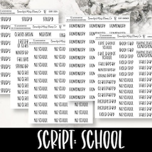 School Planner Stickers // Script Stickers // Homework // Elementary School // Secondary School // No School // Study