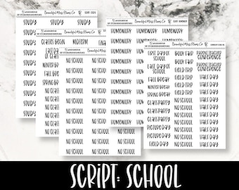School Planner Stickers // Script Stickers // Homework // Elementary School // Secondary School // No School // Study