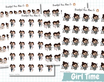 May include: A collection of sticker sheets labeled Beautiful Mess Plans Co. featuring cartoon illustrations of characters in various social settings, including drinking, dancing, and chatting. The text Girl Time is printed at the bottom.