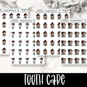 May include: A set of 3 sheets of stickers featuring cartoon illustrations of a woman with glasses brushing her teeth. The stickers are white with black outlines and are labelled "Tooth Care".